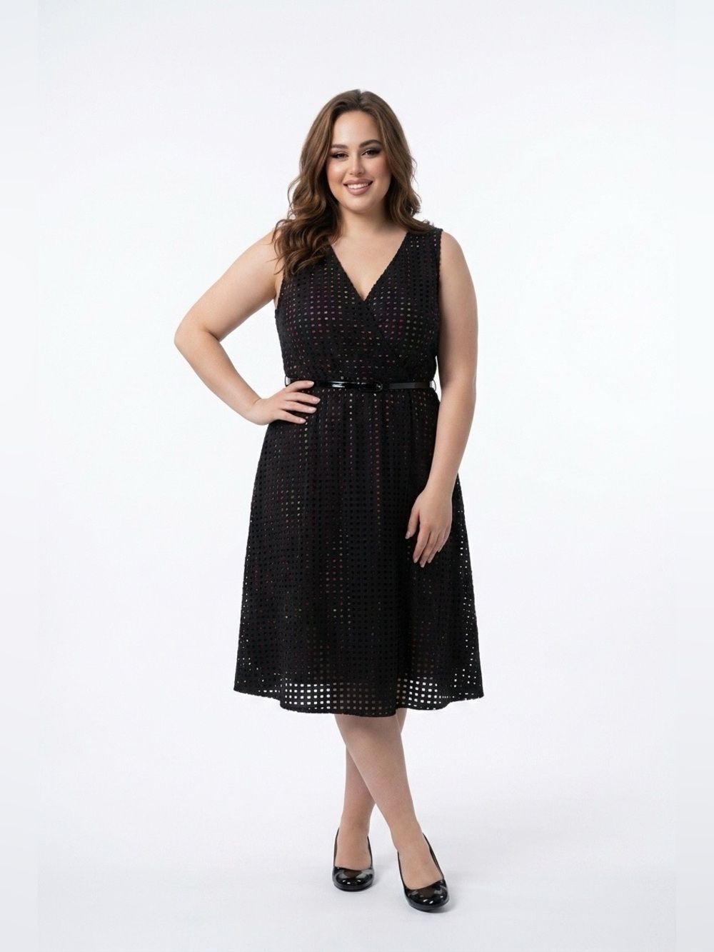 Lane Bryant Black Eyelet Belted V-Neck Midi Dress